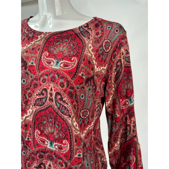 Talbots Womens L Red Multicolor Paisley Print Merino Wool Sweater Made In China - Picture 2 of 16